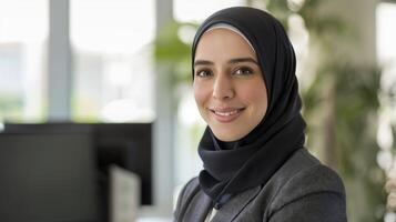 zuversichtlich Muslim Geschäftsfrau posieren im Büro, Fachmann Porträt zum korporativ verwenden und multikulturell Darstellung foto