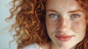 Nahansicht Porträt von ein jung Frau mit Sommersprossen und rot lockig Haar, Lager Foto zum Schönheit und Vielfalt