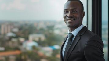 zuversichtlich afrikanisch Geschäftsmann im passen lächelnd beim Büro Fenster mit Stadt Horizont im Hintergrund, korporativ Lager Foto