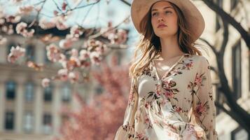 Frau im Blumen- Kleid und Sonne Hut posiert neben Kirsche blühen Baum foto