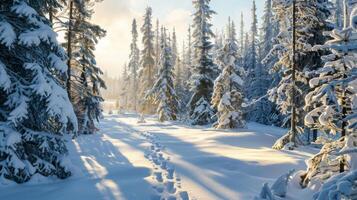 schneebedeckt Wald mit immergrün Bäume, Fußabdrücke im das Schnee, unter ein wolkig Himmel foto