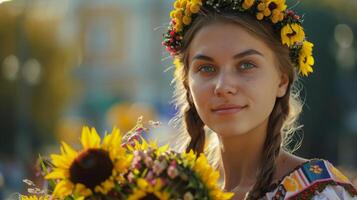 ein Frau mit ein Blume Kopfbedeckung lächelnd während halten ein Sonnenblume Strauß foto