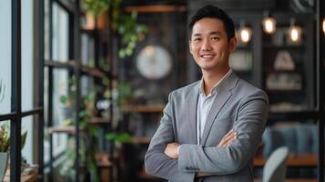 zuversichtlich asiatisch Geschäftsmann im ein modern Büro Umfeld, Darstellen Fachmann Führung und unternehmerisch Erfolg foto
