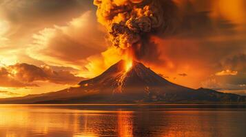 ein Vulkan bricht aus in das Ozean beim Sonnenuntergang, Erstellen ein atemberaubend natürlich Landschaft foto