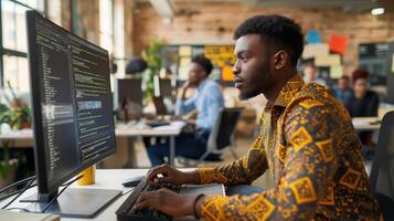 konzentriert afrikanisch Entwickler Schreiben Code im ein modern Büro foto