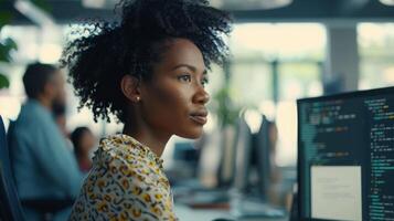 Afroamerikaner weiblich Entwickler beim Arbeit foto