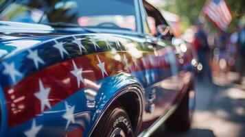 schließen oben von ein amerikanisch Flagge Abziehbild auf ein Auto Kapuze im ein Rennen Veranstaltung foto