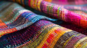schließen oben von ein beschwingt lila Wolle Decke mit ein kreativ Plaid Muster foto