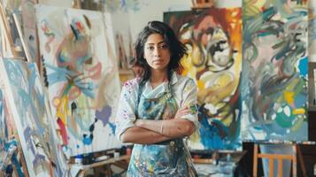 ein Frau bewundert ein Gemälde im ein Kunst Studio, genießen das modern Kunst auf Anzeige foto