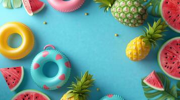 oben Aussicht von Sommer- Hintergrund mit aufblasbar Schwimmen Ringe, Wassermelone und Ananas auf Blau Farbe. Sommer- Ferien Urlaub Konzept foto
