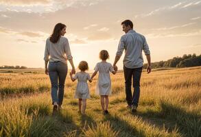 Familie Tag und Familie Einheit Konzept ein Familie von vier Gehen durch ein grasig Feld beim Sonnenuntergang foto