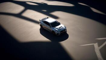 Auto Hintergrund Konzept, ein Silber Auto sonnt sich im das golden Stunde mit dramatisch Licht und Schatten. foto