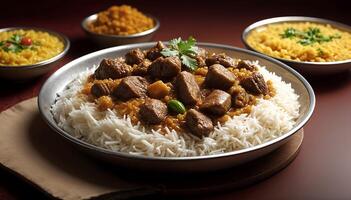 indisch Essen Konzept ein Teller von Rindfleisch Curry mit Basmati Reis mit Koriander im ein dunkel Hintergrund foto