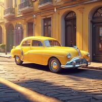 Gelb Auto retro Jahrgang Modell- 3d Illustration- Karikatur Stil süß Fahrzeug foto