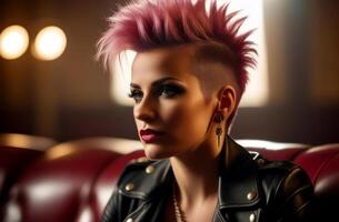 Porträt von ein schön Punk Mädchen mit ein Rosa Mohawk foto