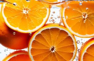 Scheiben von saftig Orange im Wasser, Blasen, köstlich Hintergrund foto