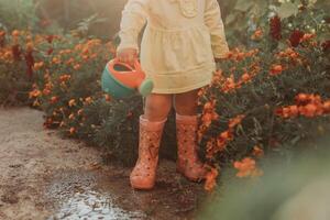 wenig Mädchen im ein Gelb Kleid und Gummi Stiefel ist Bewässerung Blumen im das Herbst Garten foto