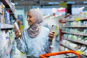 ein jung schön Muslim Frau im ein Hijab wählt ein Produkt zum Waschen Haar, ein Shampoo, ein Conditioner, ein Frau hält ein Telefon im ihr Hände und liest Kunde Bewertungen online im ein Supermarkt. foto