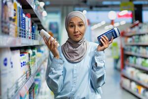 ein jung Muslim Frau im ein Hijab ist Stehen im ein Supermarkt im das Haushalt Chemikalien Abteilung und halten zwei Shampoos. er sieht aus verwirrt beim das Kamera, wählt, wirbt, zeigt an. foto