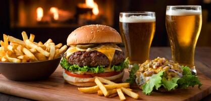 lecker Burger mit Käse, Zwiebel, Kopfsalat, Dressing, Fritten, kalt Bier auf ein Schneiden Tafel foto