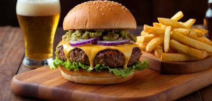 lecker Burger mit Käse, Zwiebel, Kopfsalat, Dressing, Fritten, kalt Bier auf ein Schneiden Tafel foto