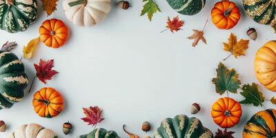 Herbst Komposition. getrocknet Blätter, Kürbisse, Blumen, Beeren auf Weiß Hintergrund. Herbst, fallen Konzept. eben legen, oben Sicht, Kopieren Raum. hoch Qualität Foto