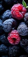 ein schön schließen oben fotografieren von Frucht, mit Himbeeren, Blaubeeren und Brombeeren, Studio Schuss. hoch Qualität Foto