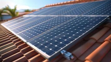 Photovoltaik Paneele auf das Dach . Dach von Solar- Tafeln. Aussicht von Solar- Paneele , Solar- Zelle im das Dach Haus mit Sonnenlicht. hoch Qualität Foto