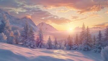 unglaublich Winter Landschaft mit schneebedeckt Kiefer Bäume im eisig Morgen. tolle Natur Landschaft im Winter Berg Schlucht. genial natürlich Hintergrund. Sanft Licht Wirkung. hoch Qualität Foto