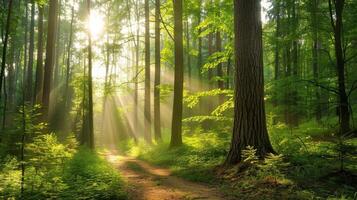 magisch Sommer- Landschaft im ein verträumt Wald, mit Strahlen von Sonnenlicht schön leuchten das Wellen von Nebel und Gemälde atemberaubend Farben in das Bäume. hoch Qualität Foto