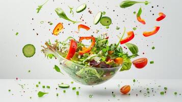 fliegend Gemüse Salat Zutaten Über transparent und Weiß Schüssel. Vitamine und gesund Essen Konzept. hoch Qualität Foto