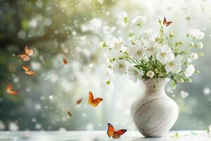 ein schön Vase gefüllt mit Weiß Blumen, mit zart Schmetterlinge anmutig fliegend um Es, Erstellen ein heiter und elegant Szene von Natur foto