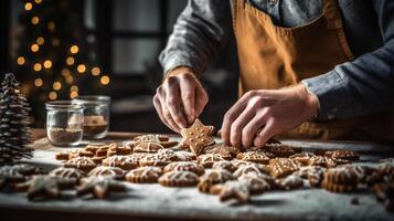 Mann Backen Weihnachten Lebkuchen Kekse, dekorieren mit Glasur. hausgemacht Urlaub Gebäck. köstlich Süss Lebensmittel. foto