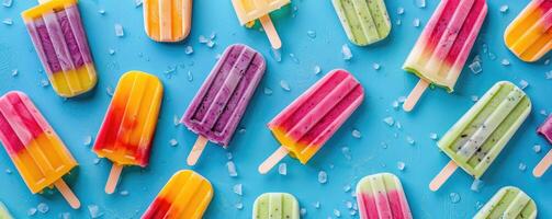 mehrfarbig Eis Sahne auf ein Stock auf ein hell Blau Hintergrund mit Tropfen von Wasser. Sommer- Hintergrund foto