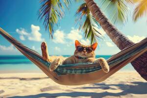 ein zufrieden Katze im Sonnenbrille ruht im ein Hängematte auf das Strand. Ferien mit Haustiere foto