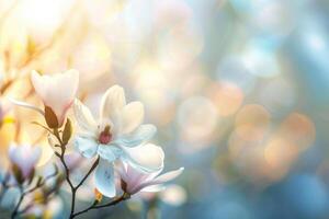 Magnolie Blumen im Sonnenlicht. Blumen- Banner mit Kopieren Raum zum Karte oder Einladung foto