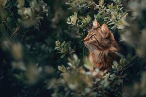 ein flauschige Tabby Katze sitzt im das Krone von ein Baum. Haustier auf ein gehen. Hintergrund mit Kopieren Raum foto