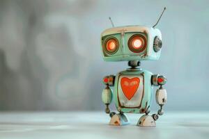 süß Roboter mit ein Herz auf ein leer Hintergrund mit Kopieren Raum. Technologie und Liebe Konzept foto