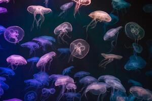 Qualle mit Tentakeln Schwimmen im das Wasser mit ein dunkel Blau Hintergrund, unter Wasser Kreatur foto
