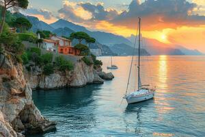 ein breit Aussicht von das Meer unter Inseln mit das Yacht Segeln auf Sonnenuntergang Fachmann Fotografie foto