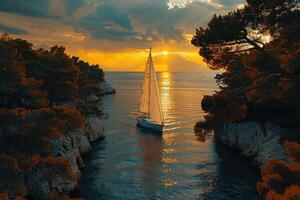 ein breit Aussicht von das Meer unter Inseln mit das Yacht Segeln auf Sonnenuntergang Fachmann Fotografie foto