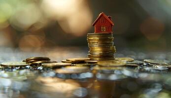 Speichern Investition Zuhause Konzept. Stapel Münzen und Haus Modell. foto