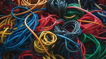 Chaos im Kabel Management. ein groß Nummer von Kabel in Verbindung gebracht zu Ausrüstung benötigen Strukturierung. foto