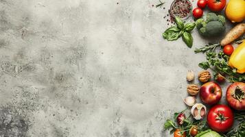gesund Essen Konzept Banner mit Früchte und Gemüse. mit Kopieren Raum foto