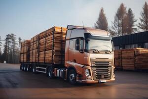 LKW im Holz Hof warten zu Sein geladen. Anhänger gefüllt mit kommerziell Holz. logistisch Konzept foto