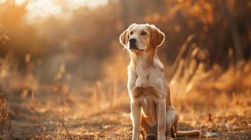 süß golden Hund Sitzung auf Wald Straße während Sonnenuntergang foto