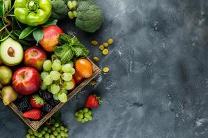 gesund Essen Konzept Banner mit Früchte und Gemüse. mit Kopieren Raum foto