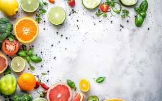 gesund Essen Konzept Banner mit Früchte und Gemüse. mit Kopieren Raum foto