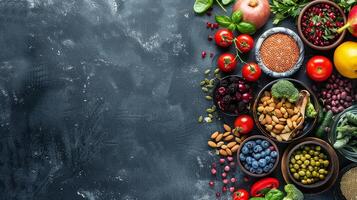 gesund Essen Konzept Banner mit Früchte und Gemüse. mit Kopieren Raum foto