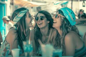 Freundinnen Sitzung und haben Spaß beim Strand Bar mit Cocktails foto